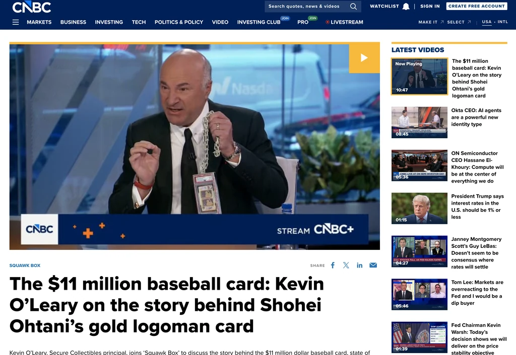 CNBC Squawk Box: The $11 million baseball card — Kevin O’Leary on the story behind Shohei Ohtani’s gold logoman card