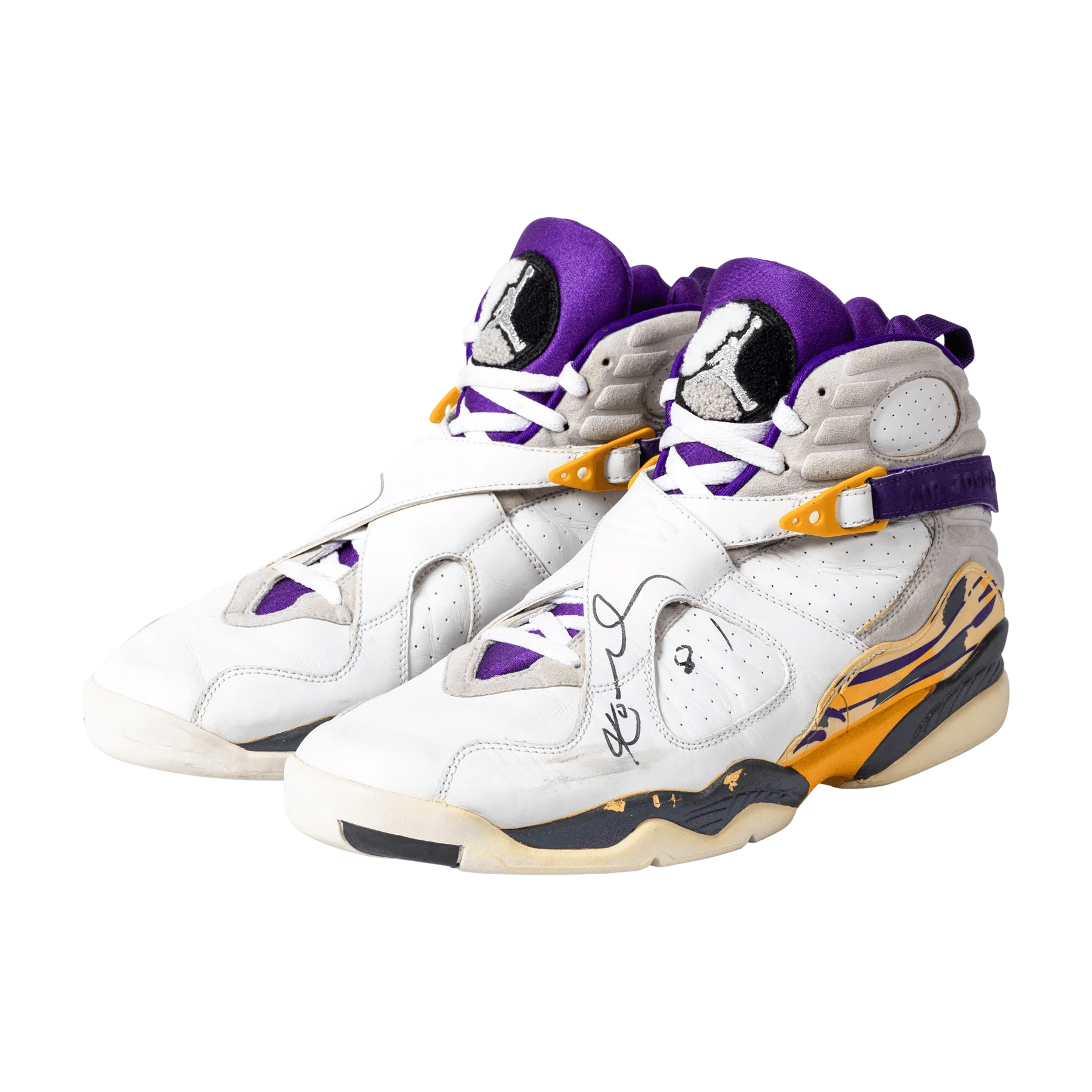 Kobe Bryant’s white, purple and gold Air Jordan 8 Player Exclusives, signed on both straps