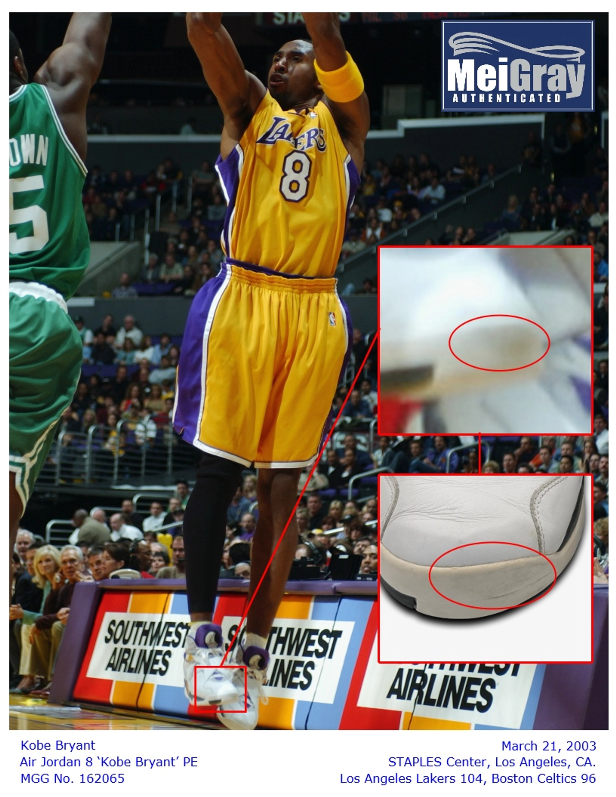Game photograph matching wear on Kobe’s Air Jordan 8s