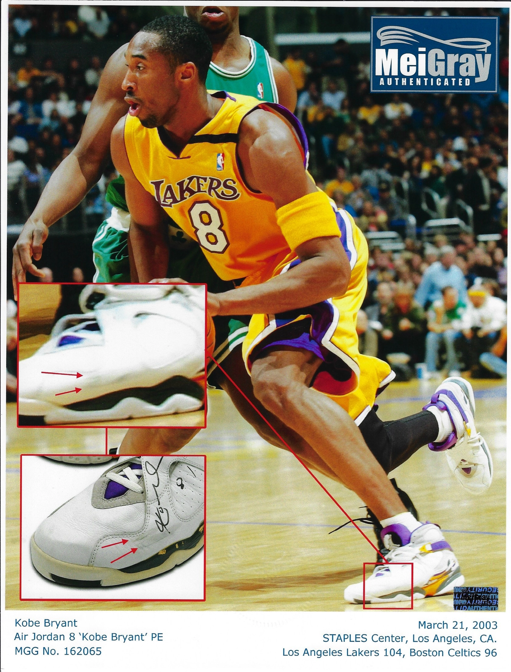Kobe Bryant against the Celtics, with matching shoe details highlighted